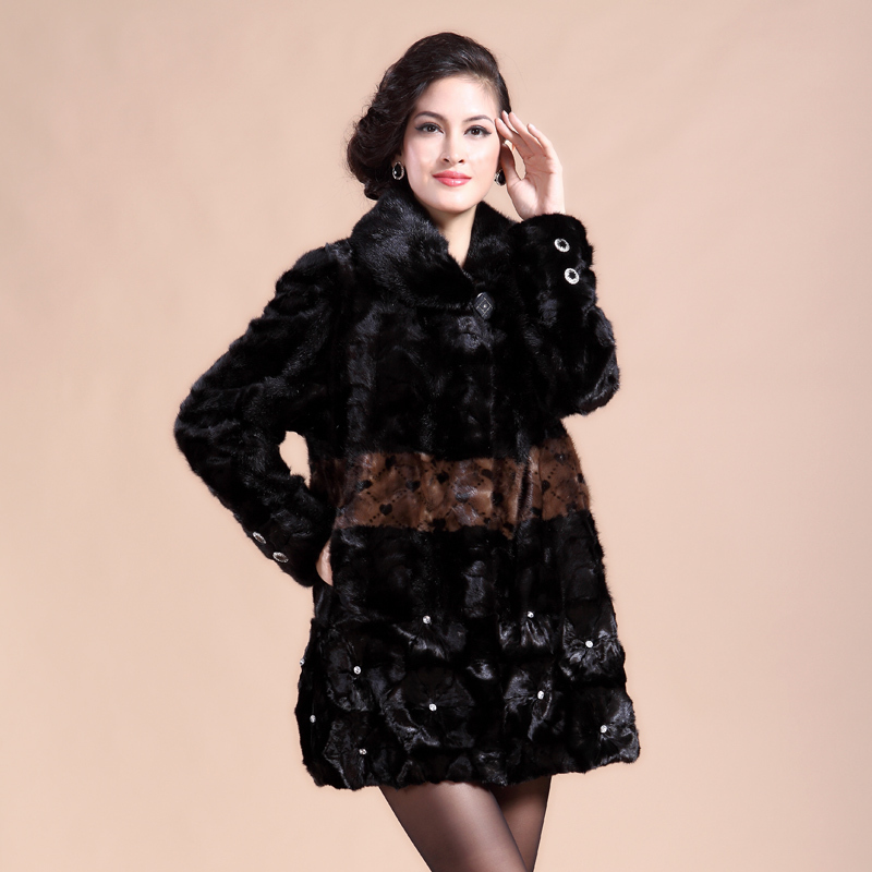 Elegant 2013 women's mink fur coat black medium-long waist brown mini hearts adorned with diamond genuine mink fur overcoat