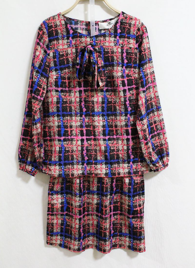 Elegant baiters plaid print bow o-neck long-sleeve top bust skirt twinset