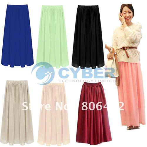 Elegant Chiffon Hot Sexy Pleated Maxi Skirt Elastic Waist Band Dance Long Dress Free Shipping