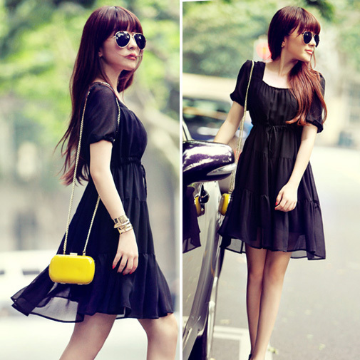 elegant chiffon slim short-sleeve black preppy style slim waist one-piece dress dresses new fashion casual lace print active