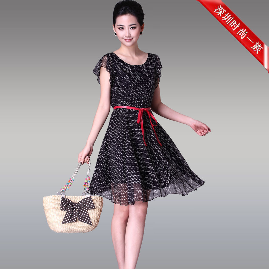 Elegant elegant dot printing leather belt of slim waist slim silk 2013 summer one-piece dress women's summer