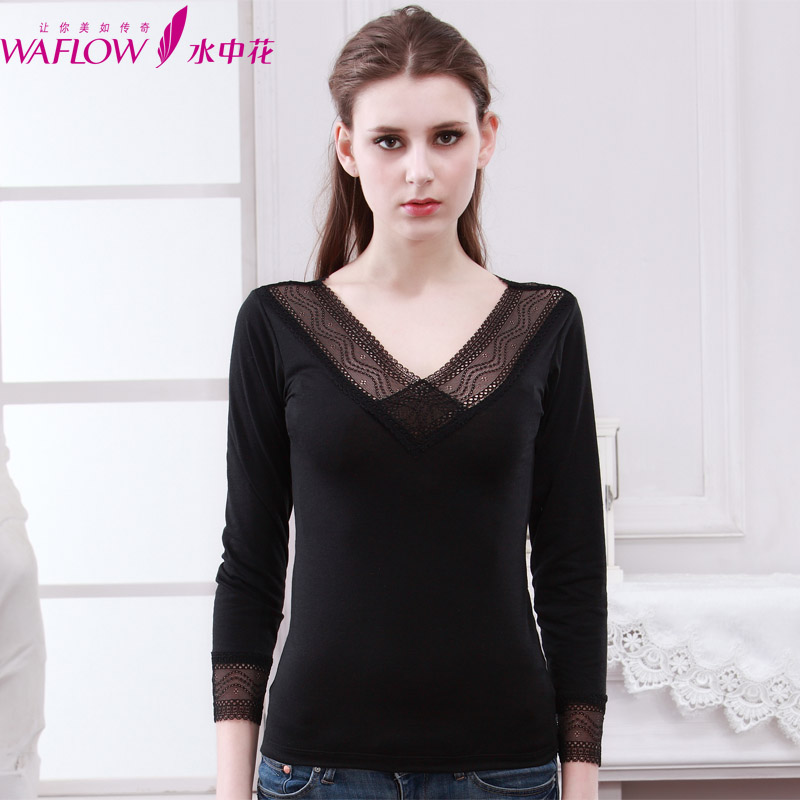 Elegant fashion illusion V-neck lace slim all-match 612d102 basic shirt