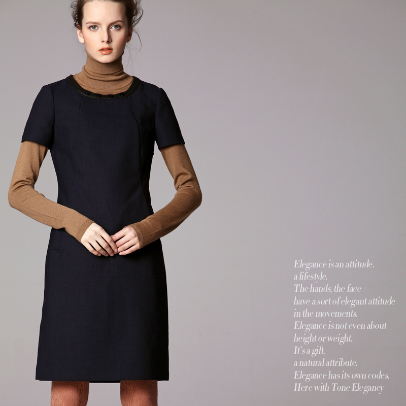 Elegant fashion limited edition elegant ladies leather o-neck short-sleeve l02345 wool one-piece dress