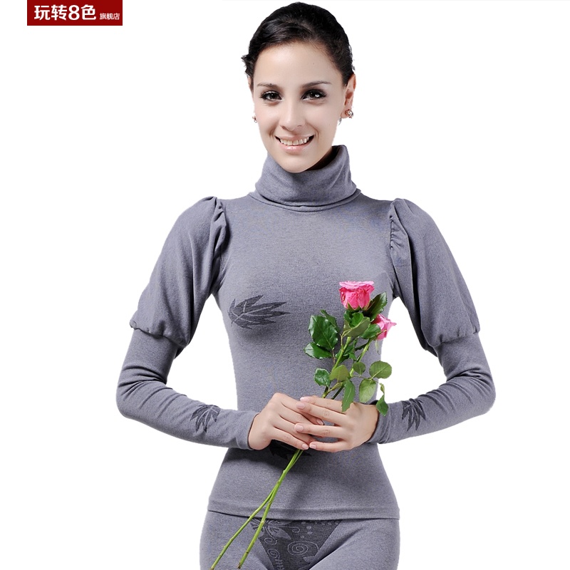 Elegant fashion turtleneck slim top puff sleeve long johns basic underwear