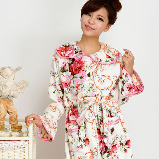 Elegant flower winter coral fleece women's thickening robe sleepwear lounge Drop/Free Shipping