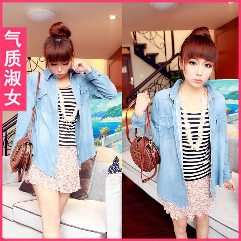 Elegant gentlewomen women's summer 2012 medium-long long-sleeve fashion all-match denim shirt sun protection clothing c822