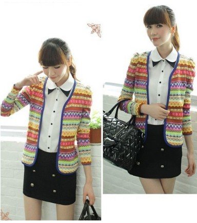 Elegant Hot Sale New Arrival Embroidery Rainbow Stripe Round Collar Knitting Coat As the Picture Free Shipping