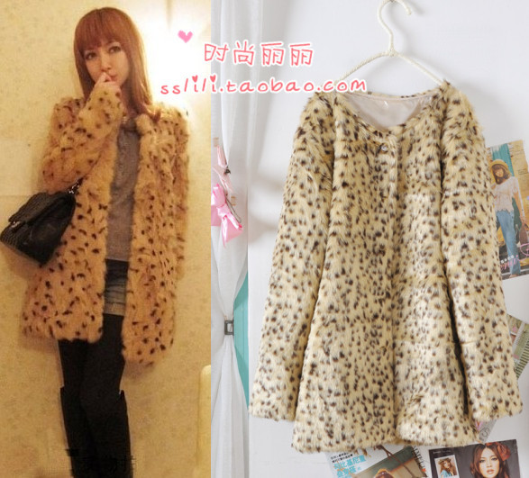 Elegant leopard print o-neck long-sleeve medium-long fur coat overcoat