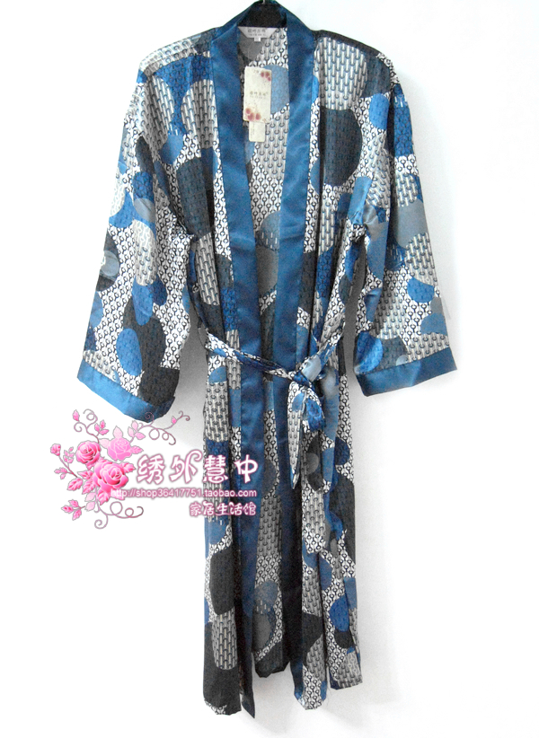 Elegant male print faux silk robe sleepwear silk lounge