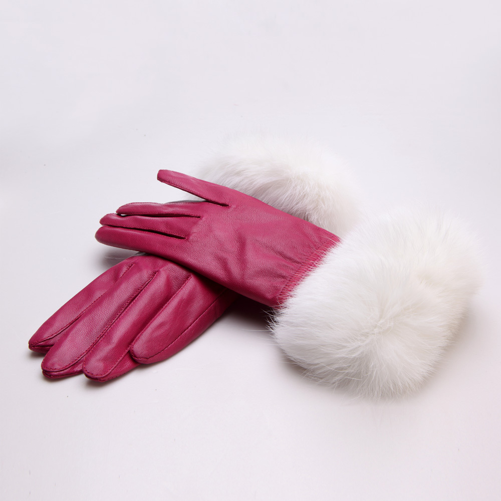 Elegant noble women's sheepskin gloves thermal thickening fur one piece genuine leather gloves fox fur