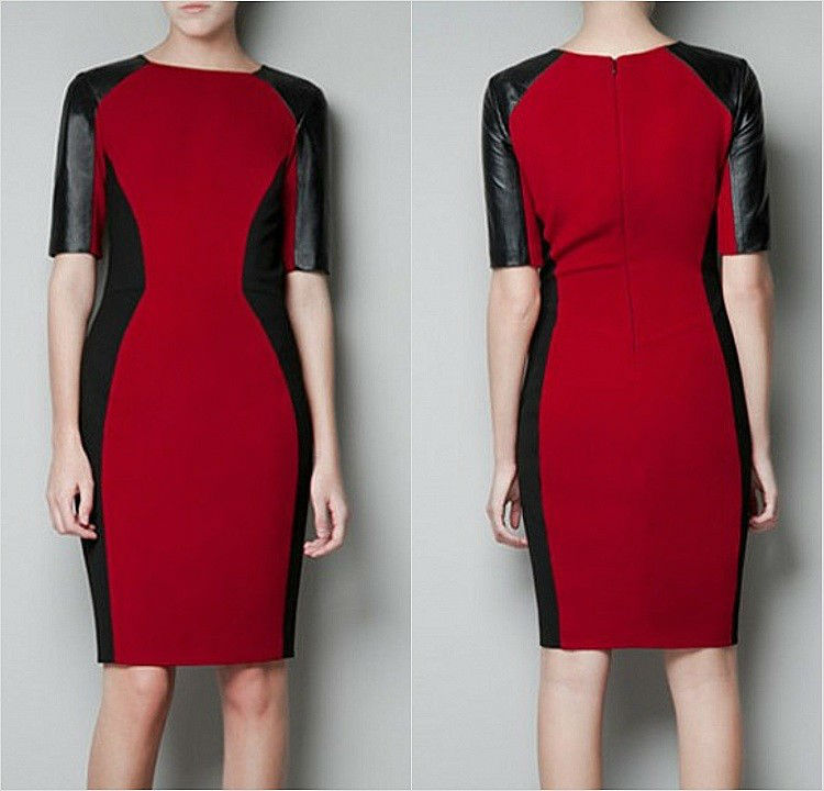 Elegant OL Vintage Colour Block Contrast Black Leather Formal Bodycon Slim Dress Free Shipping Wholesale