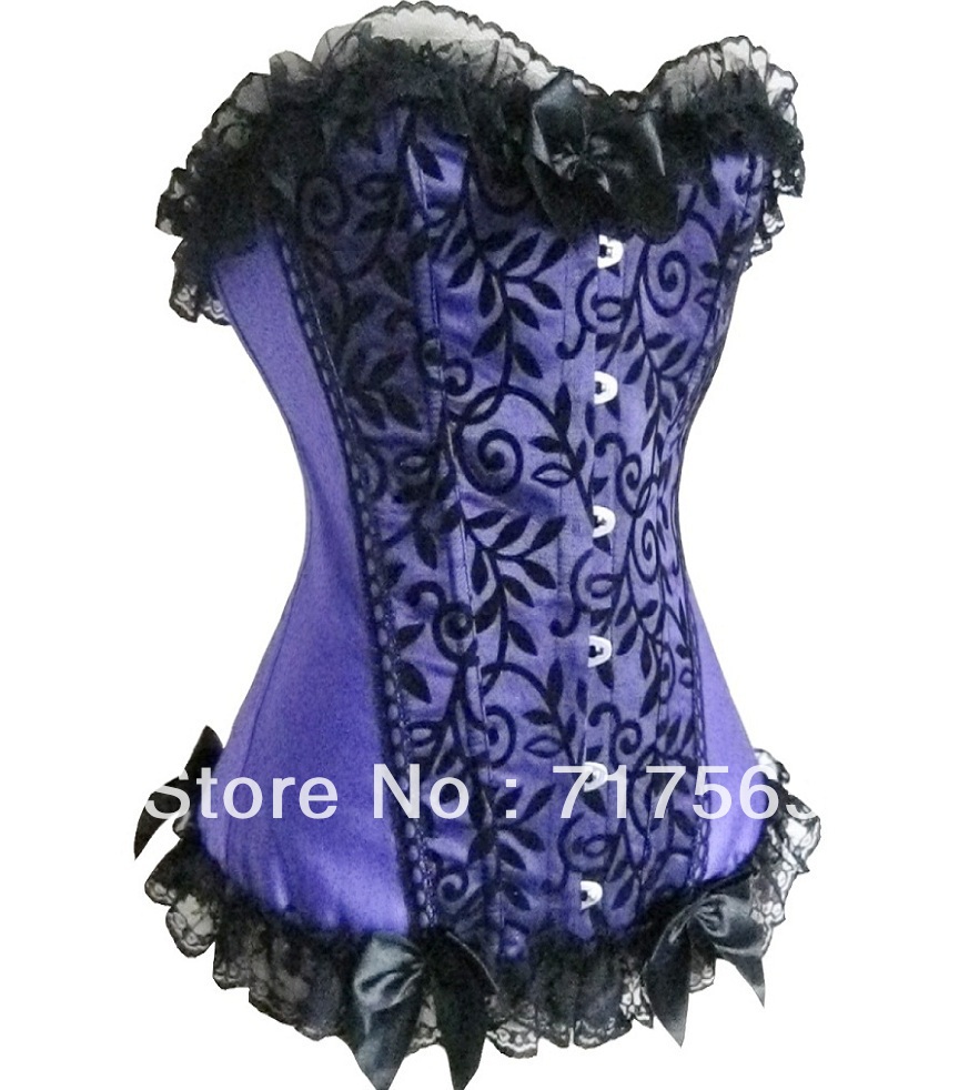 Elegant purple lace trim Corset with G-string + Cheaper price + Free Shipping+ Fast Delivery