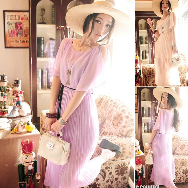 ELEGANT SCOOP NECK FRILL SLEEVE PLEATED MAXI CHIFFON DRESS 3360