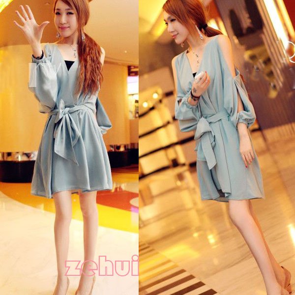 Elegant Sexy Women Strapless Chiffon Elastic Cuff V Neck With Belt Mini Dress (CY0179)