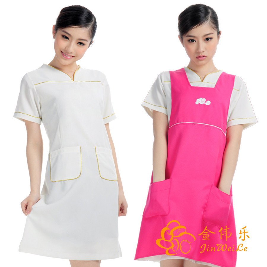 Elegant short sleeves tunic white salon beauty therapist uniforms with golden bindig