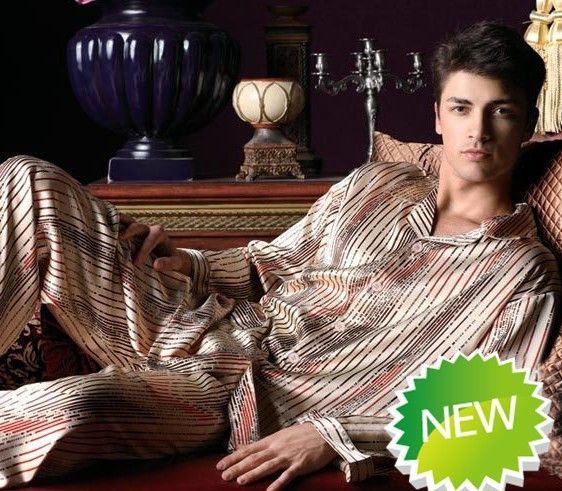 Elegant ! silk male vertical stripe long sleeve length pants faux silk sleep set lounge