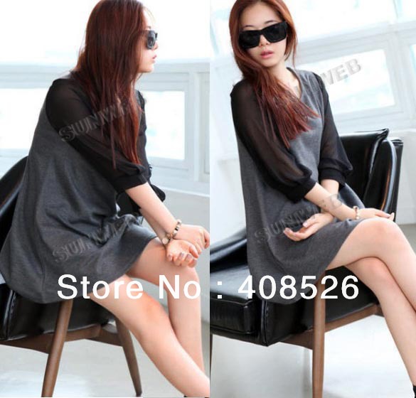 Elegant Vintage Cotton Three-quarter Sleeves Lady Skirt Mini Chiffon Dress free shipping 9355