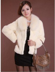 Elegant Warm Fox Fur Collar Pure Color Short Fur Coat Ivory free shipping HN12090535-2