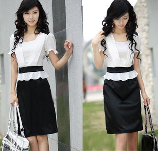 Elegant white collar work wear gentlewomen slim full dress ol formal one-piece dress slim waist one-piece dress summer