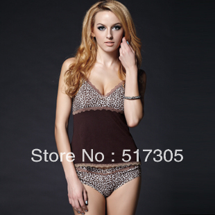 Elegant women's  cotton leopard  sexy temptationsleepwear top+ panties lounge set