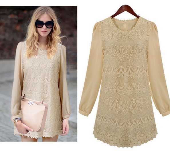 Elegant Women Sweet Back Zip-up Beige Lace Bubble Long Sleeve Lady Hollow Crochet Blouse Dress