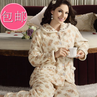 Elegant yellow bow winter coral fleece sleepwear female thickening set lounge mother clothing