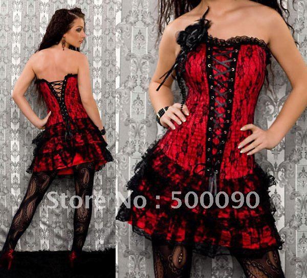 elegent corset Y5261 chapper bustier in satin and lace + skirt lot (5 pcs) sexy crazy red