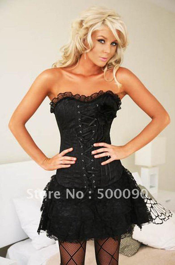 elegent corset Y5261 chapper bustier in satin and lace + skirt  ( size s-2xl )   lot (5 pcs) black noir  dar  black