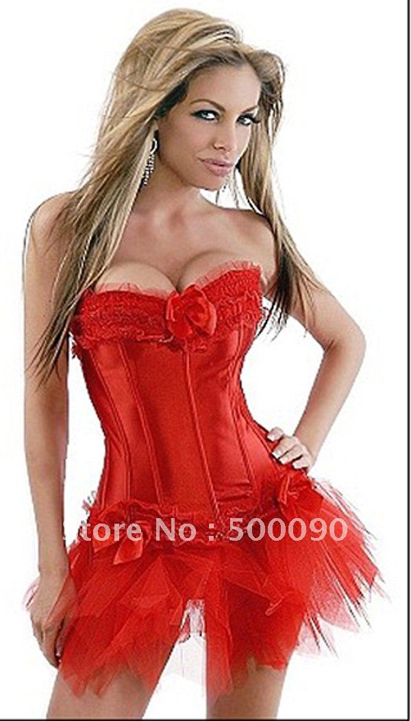 elegent corset Y5760 chapper bustier in satin and lace + skirt  ( size s-2xl )   lot (5 pcs) red satin and tutu ,  skirt include