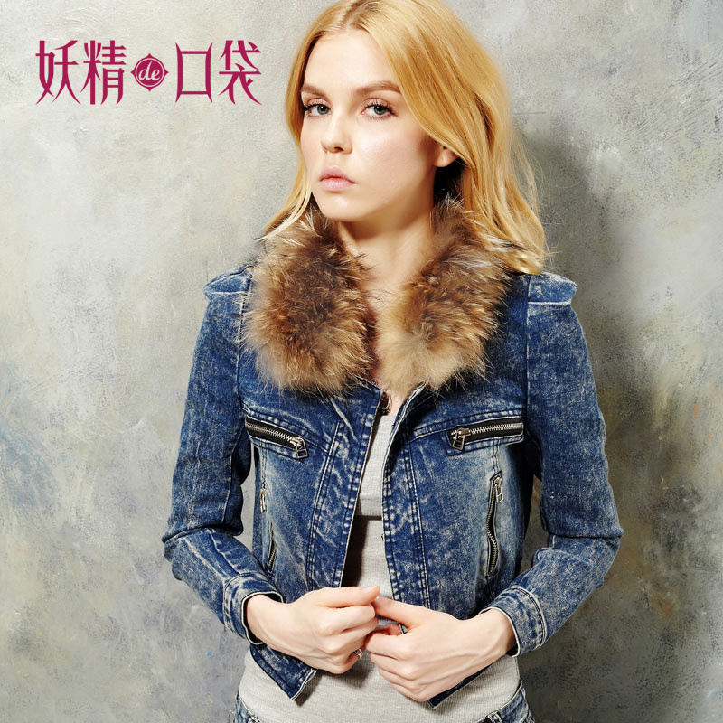 ELF SACK autumn fur collar reminisced denim outerwear Free Shipping