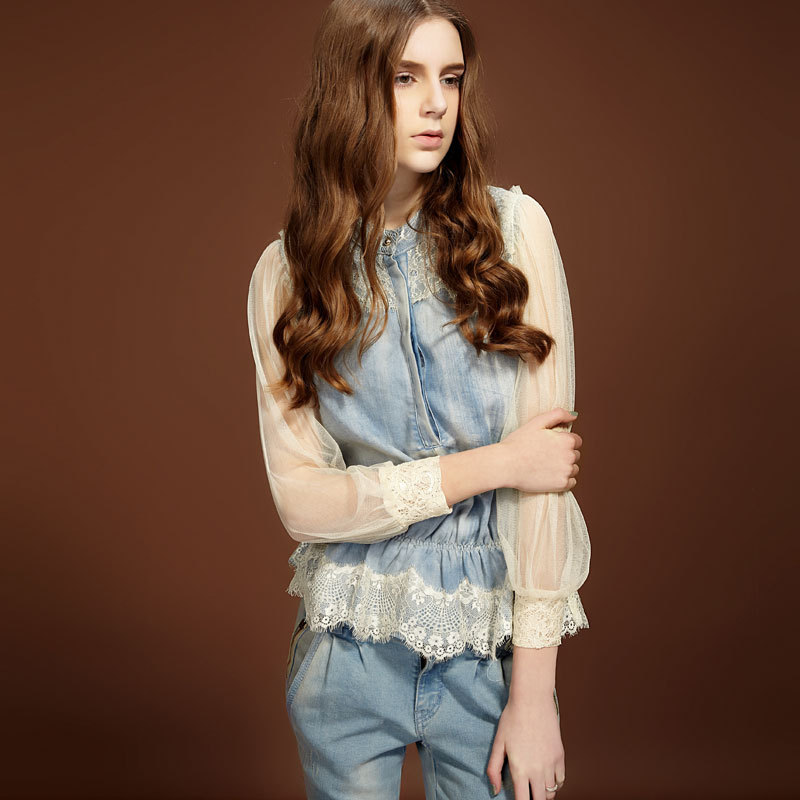 ELF SACK wings summer vintage lace denim top Free Shipping