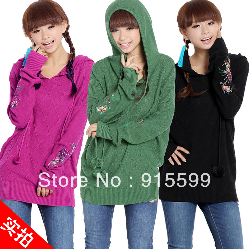 Embroidered long-sleeve rhombus jacquard with a hood pullover sweater outerwear female fairy