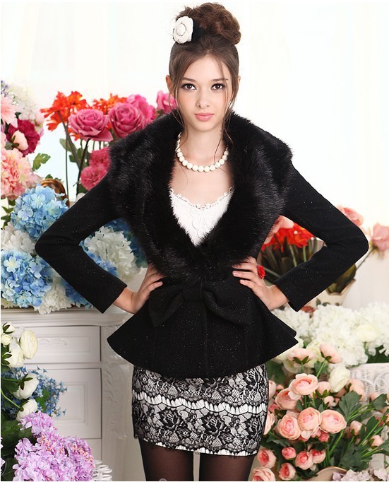 EMS Free 2012 Women's Fashion Filamentary silver Fur Collar Bow Woolen Short Overcoat Coat Jacket