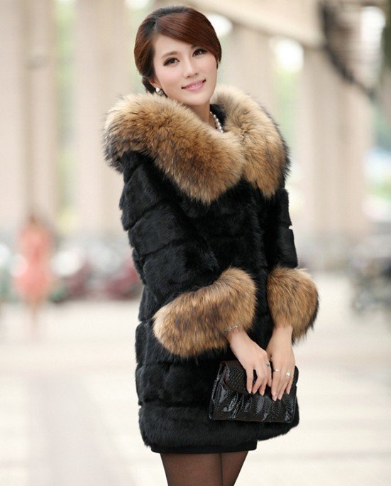 EMS free shipment 2012 new fashion long Korean hooded women rex rabbit fur coat raccoon collar and cuff jacket for womens GFW006