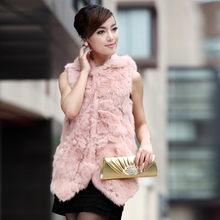 Ems free shipping 2011 rabbit fur vest women's fur vest medium-long outerwear hooded