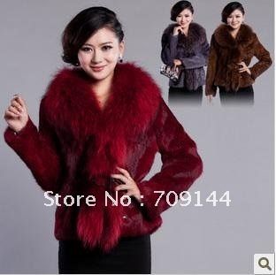 EMS Free Shipping 2012 Fashion 100%Rabbit hair  raccoon fur collar jacket coat women fur M-XXL