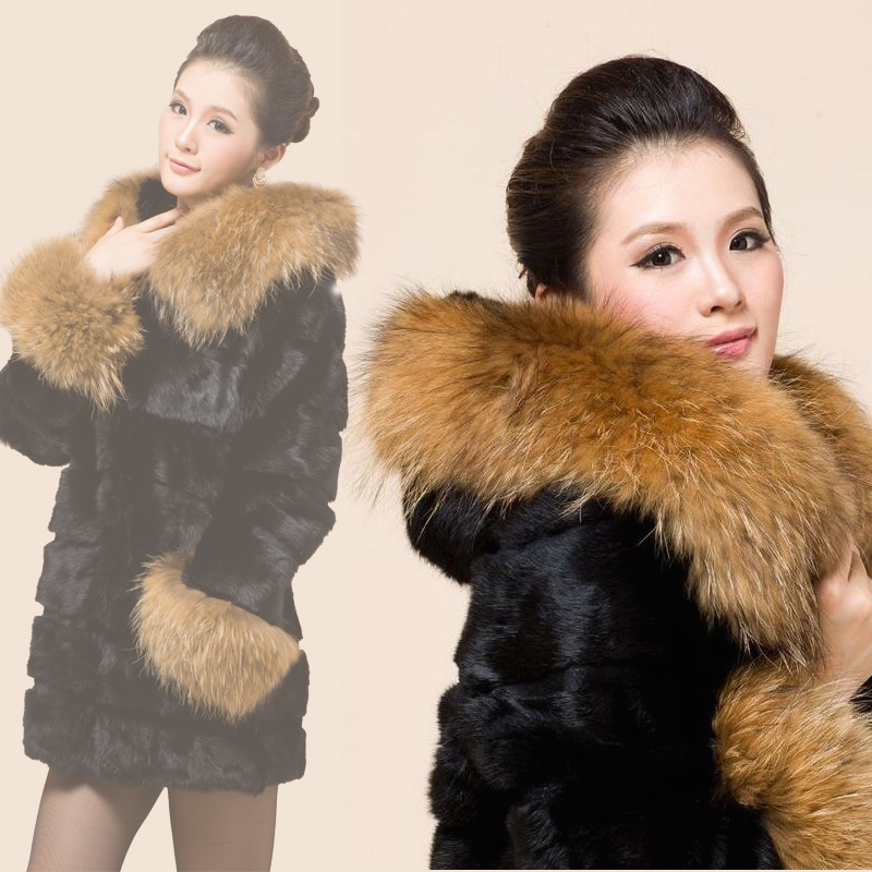 EMS free shipping 2012 medium-long hooded slim rabbit fur coat large raccoon fur long-sleeve overcoat