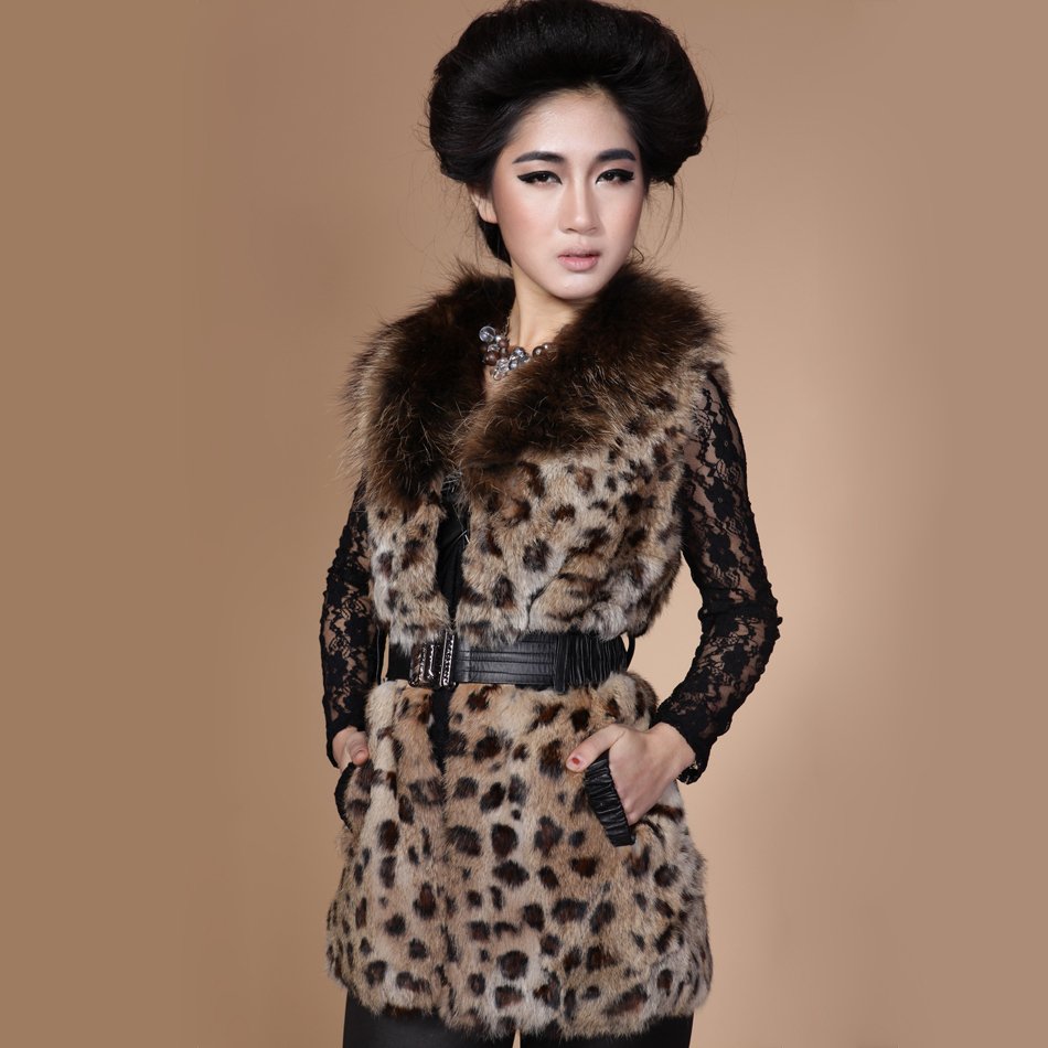 EMS free shipping 2012 spring rabbit fur vest outerwear leopard print genuine leather belt women's vest