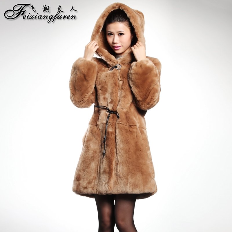 EMS free shipping, Fly 2012 women's long design hooded full leather rabbit plush rabbit fur coat