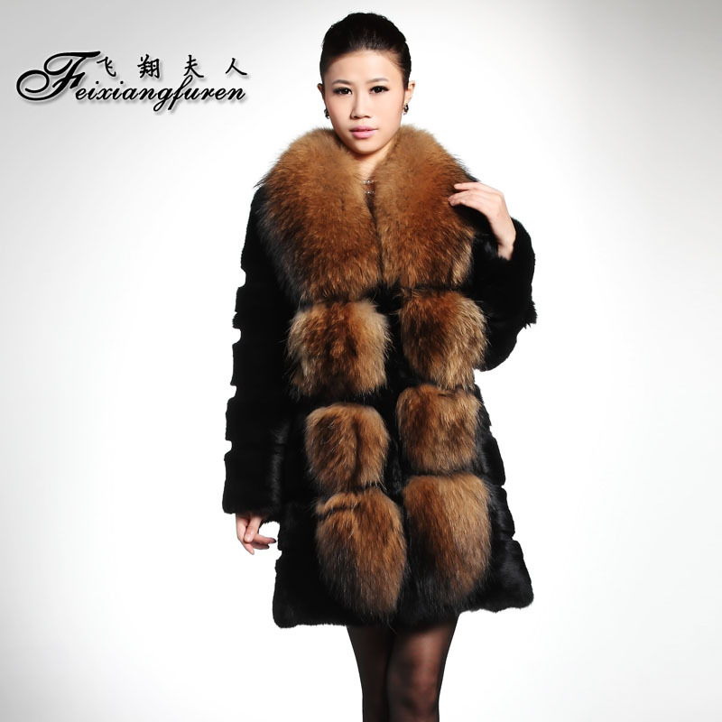 EMS free shipping, Fly 2012 women's medium-long rabbit fur coat raccoon fur