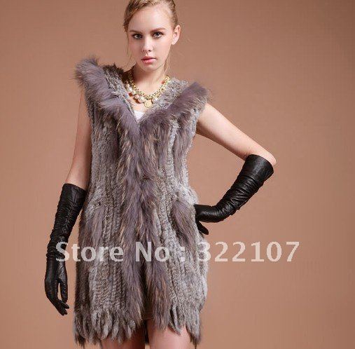 EMS FREE SHIPPING*HOT* Long  Knit Rabbit Fur Vest With Hood / Fur Waistcoat Wholesale & Retail,Mixed Order