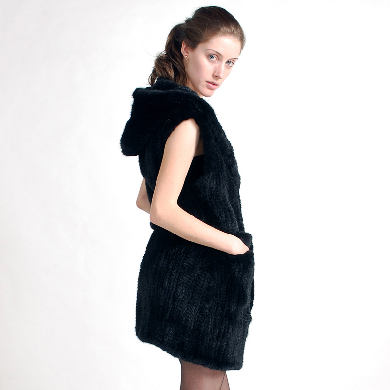 EMS FREE SHIPPING* KNITTED MINK FUR VEST WITH HOOD /MINK FUR COAT WINTE COAT BLACK*SU-12123