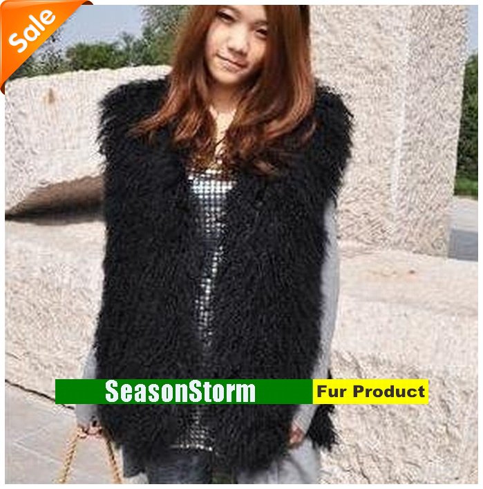 [EMS Free Shipping] Promotion High Quality Long Mongolian Lamb Fur Vest / 100% Sheep Fur Vest  (SF-62)