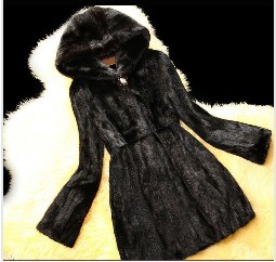 EMS FREE SHIPPING  Top sale high quality 100 % real mink fur Women's Long Black Sheared Mink Fur Coat/Garment With Hooded