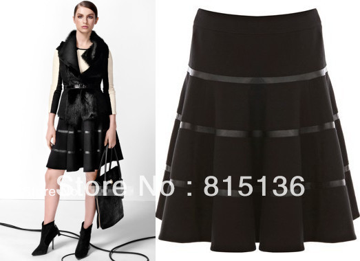 EMS Free Shipping Women's Fashion Office Skirt Ponte Roma Full Skirt With Faux Leather Seam Detail KM DRESS SP077