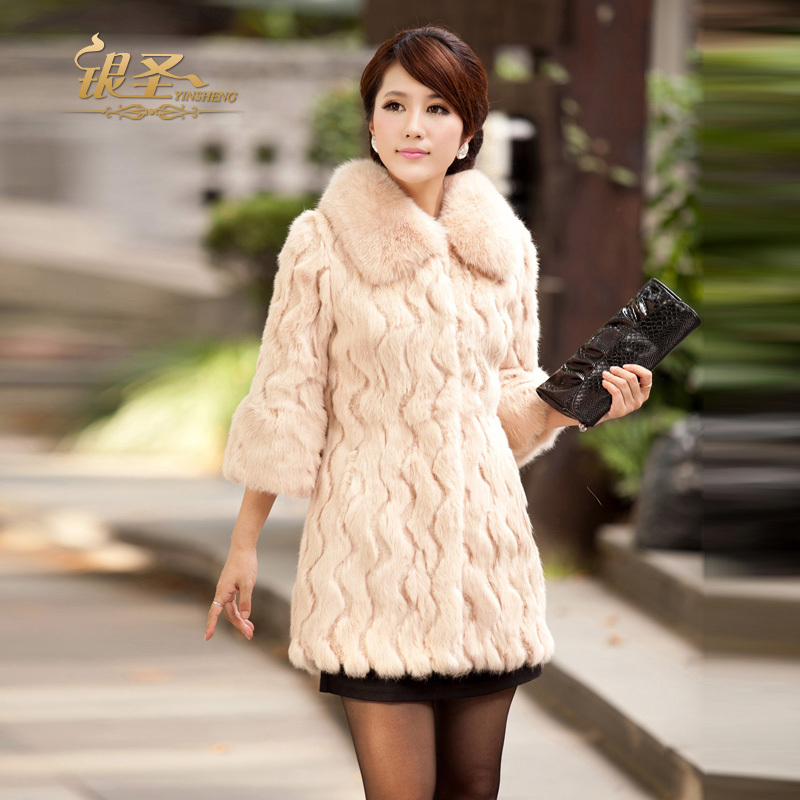 [EMS Free Shipping] Womens Fashion fox fur collar rex rabbit fur winter medium-long outwear (SF-71)