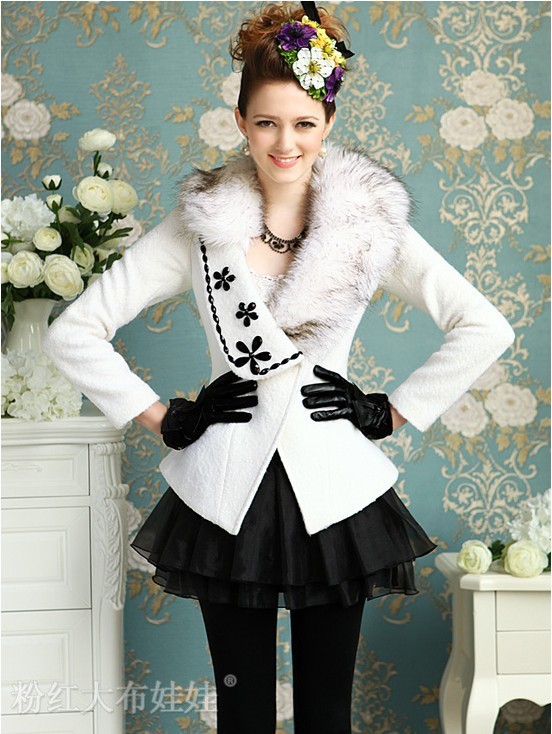 EMS Free White Women's  winter outwear V-Neck Long Sleeve Faux Fur Collar Coat Jacket Trench Coatrwear