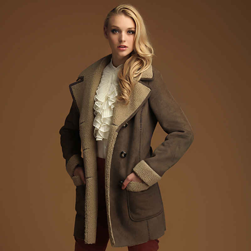 EMS Freeshipping-Genial fur one piece Women belt long design chamois overcoat faux thermal outerwear