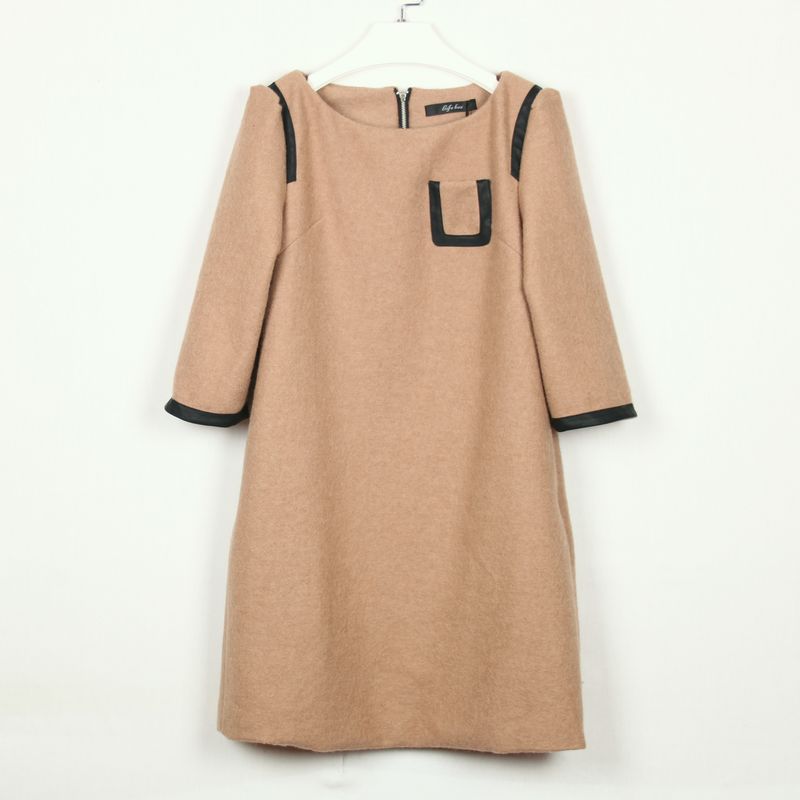 Energetically 2012 woolen one-piece dress leather pocket three quarter sleeve one-piece dress woolen dress