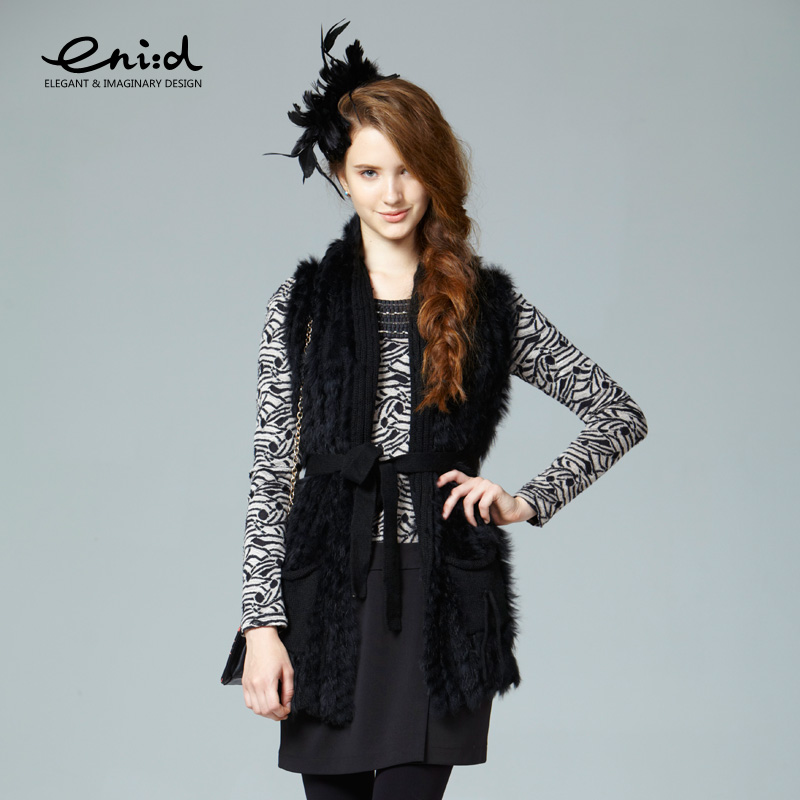 Eni : d black rabbit fur female fur outerwear vest medium-long vest 1145708